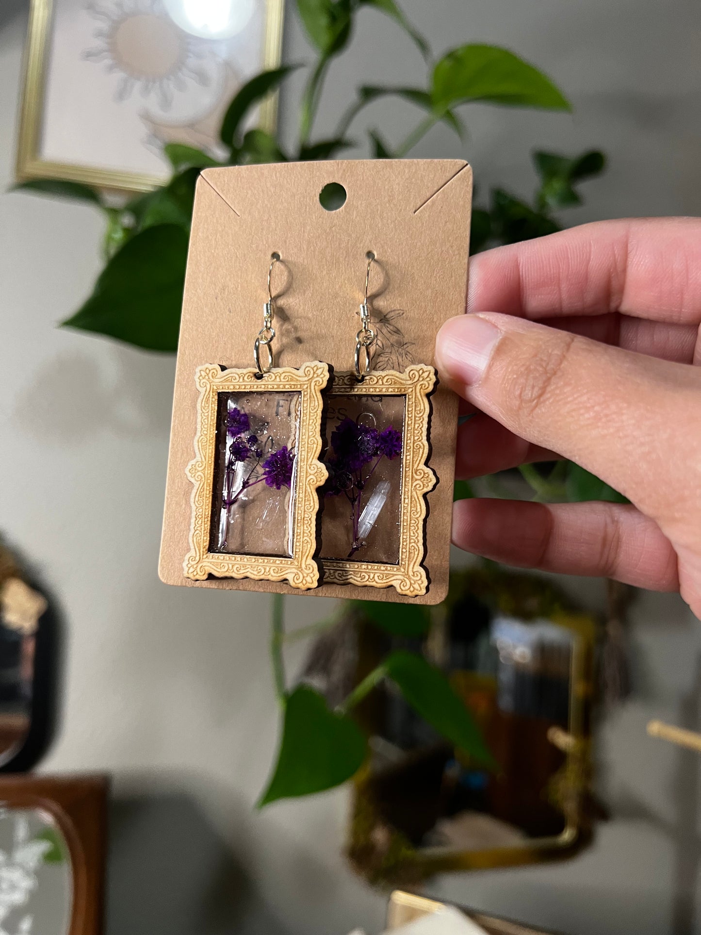 wooden frame pressed flower earrings