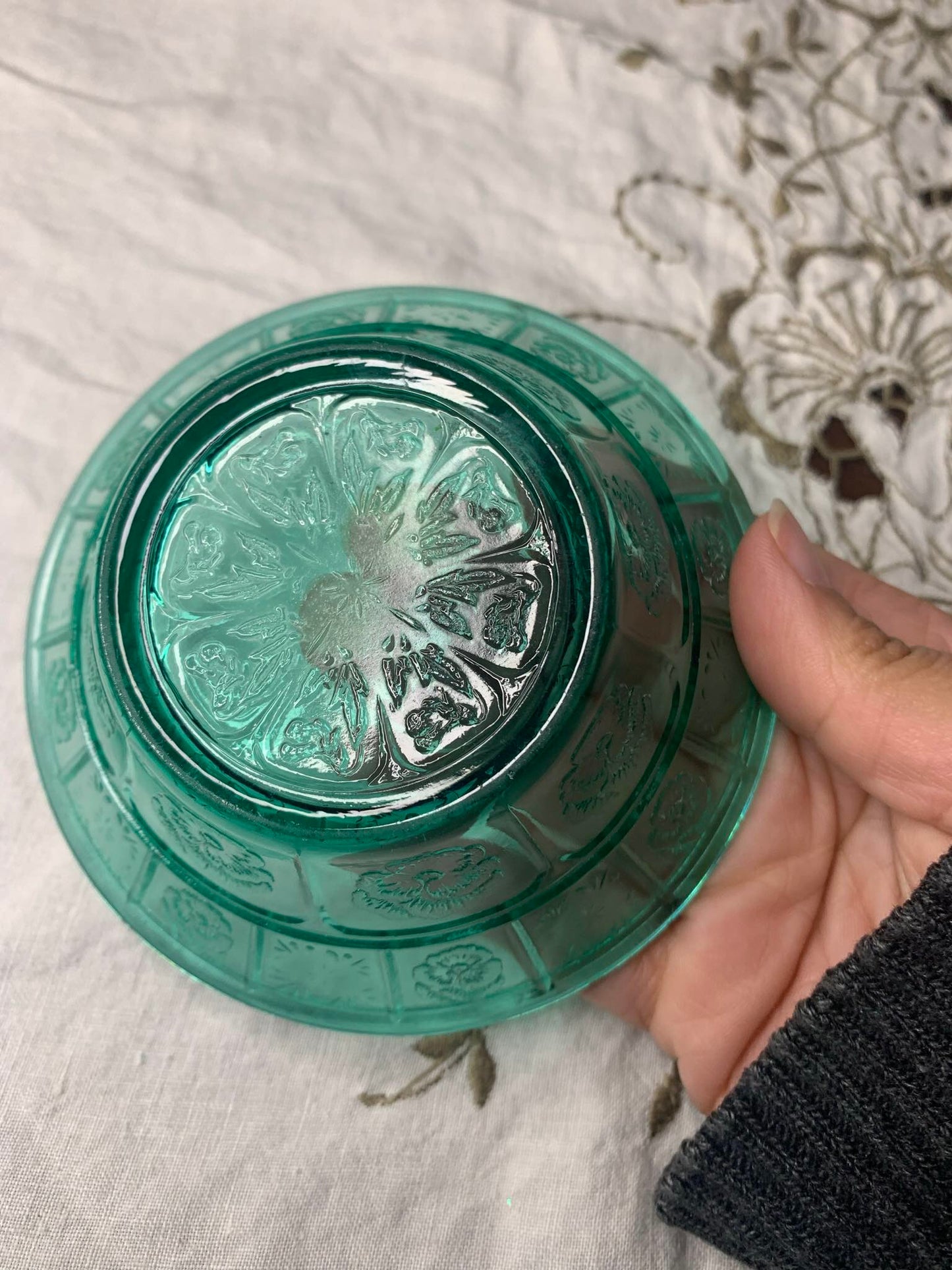 teal glass bowl with pansies