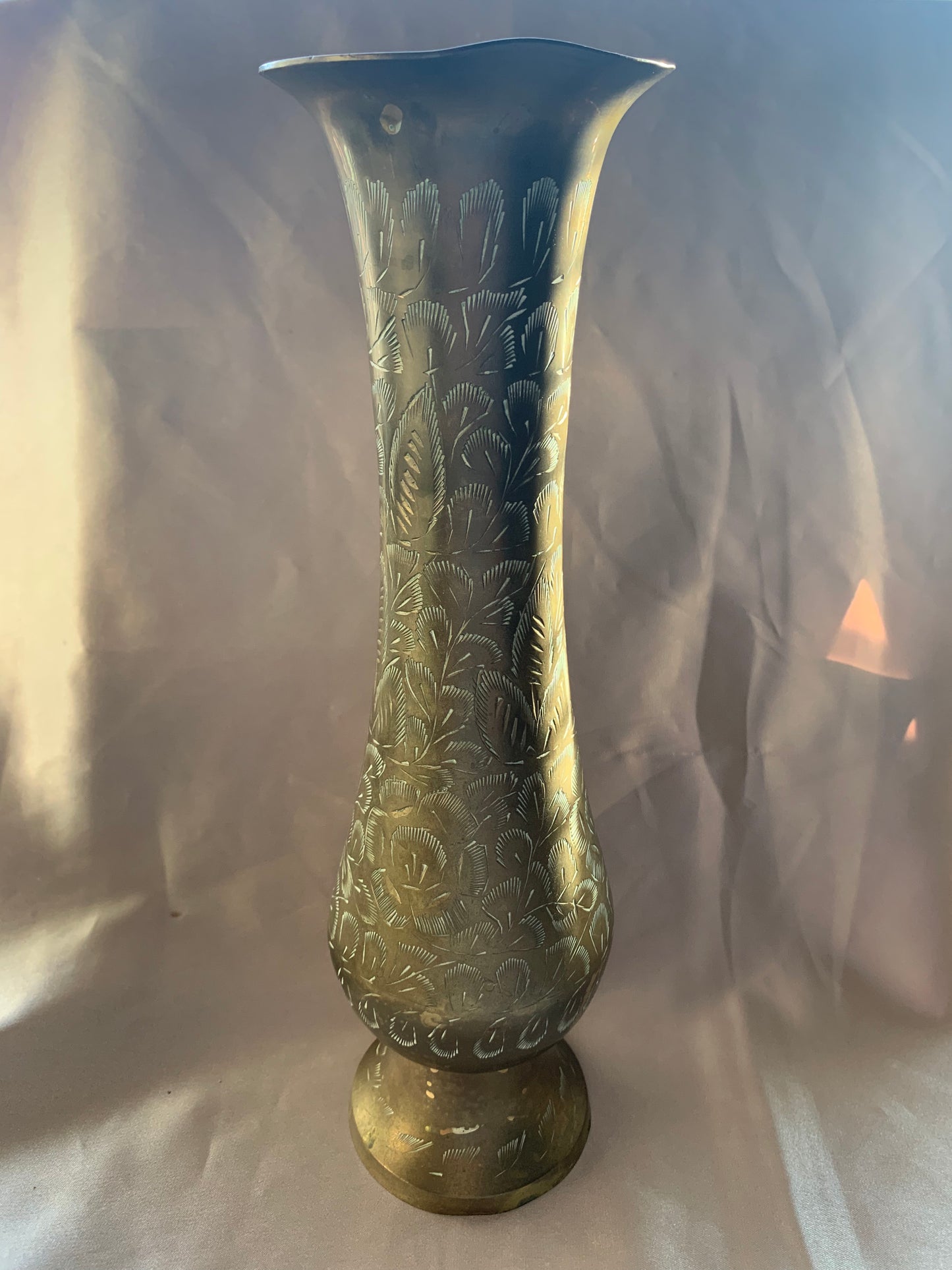tall etched brass vase